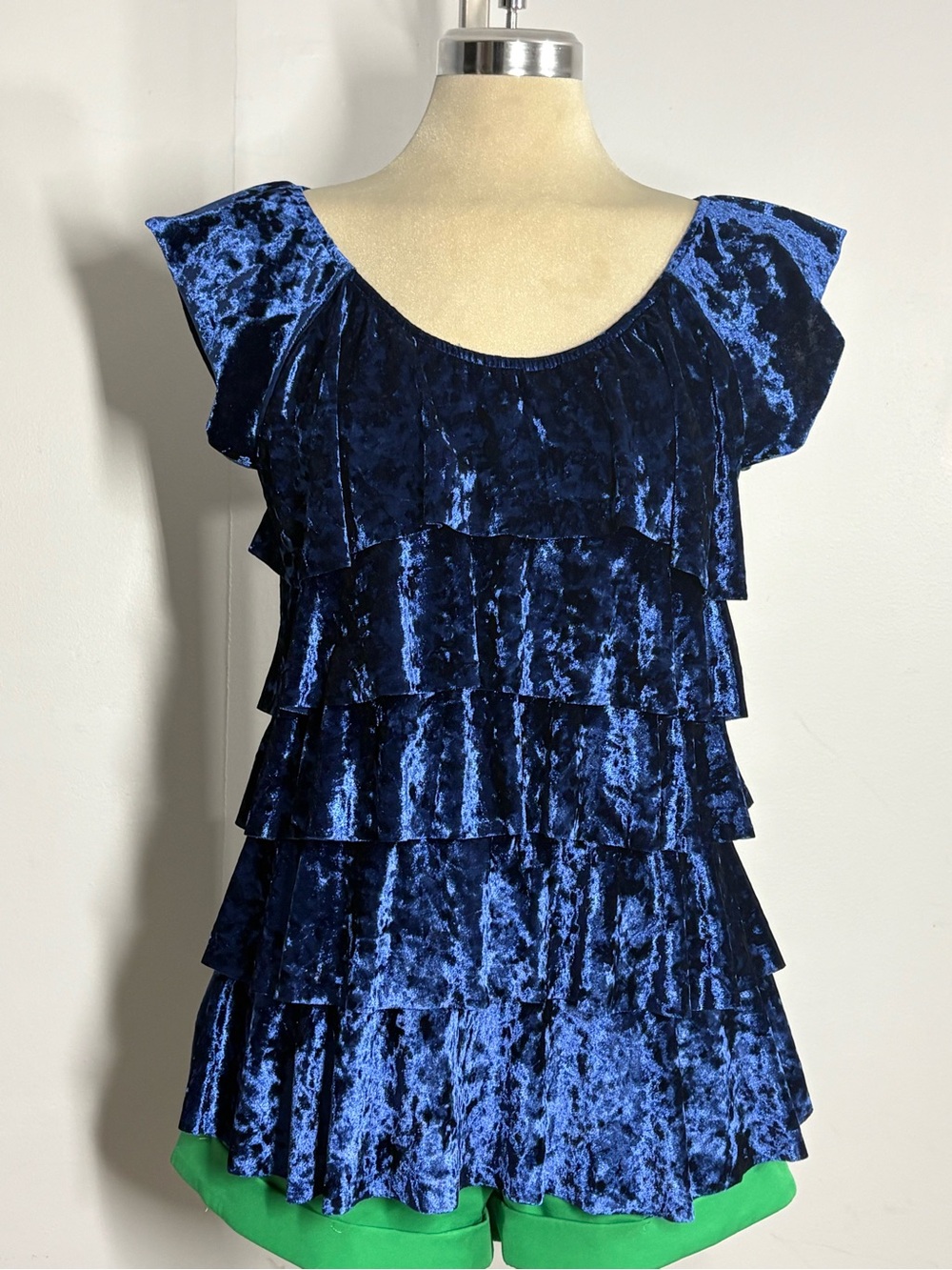 Women's Velvet Tiered Ruffle Blouse - Blue
